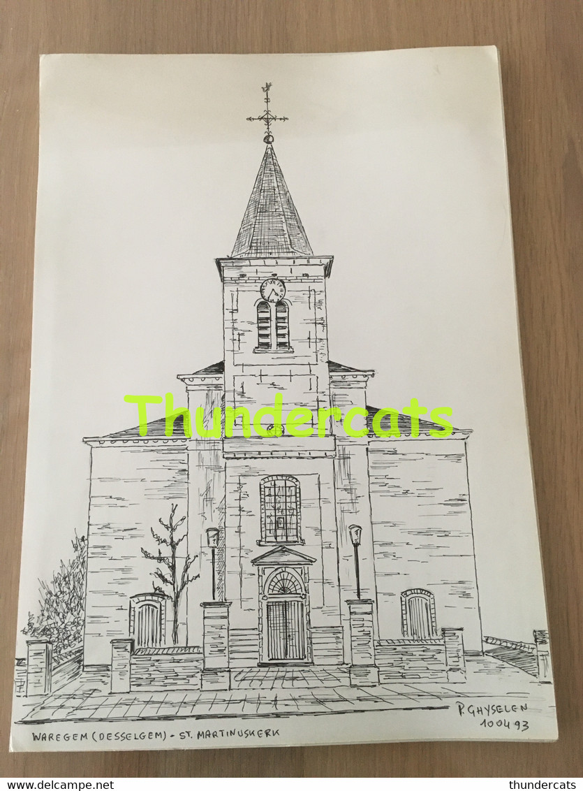 ORIGINELE GROTE TEKENING DOOR PAUL GHYSELEN GHIJSELEN 1993 WAREGEM DESSELGEM ST MARTINUSKERK - Zeichnungen