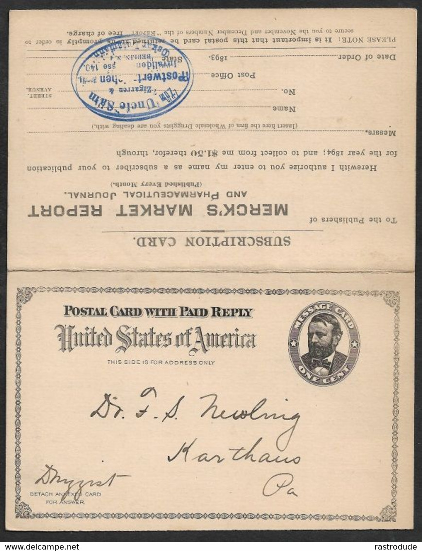 1893 - U.S - 1c Printed To Order PSC + REPLY CARD - MERCK S PHARMACEUTICAL - STAMP DEALER ZUM UNCLE SAM - ...-1900