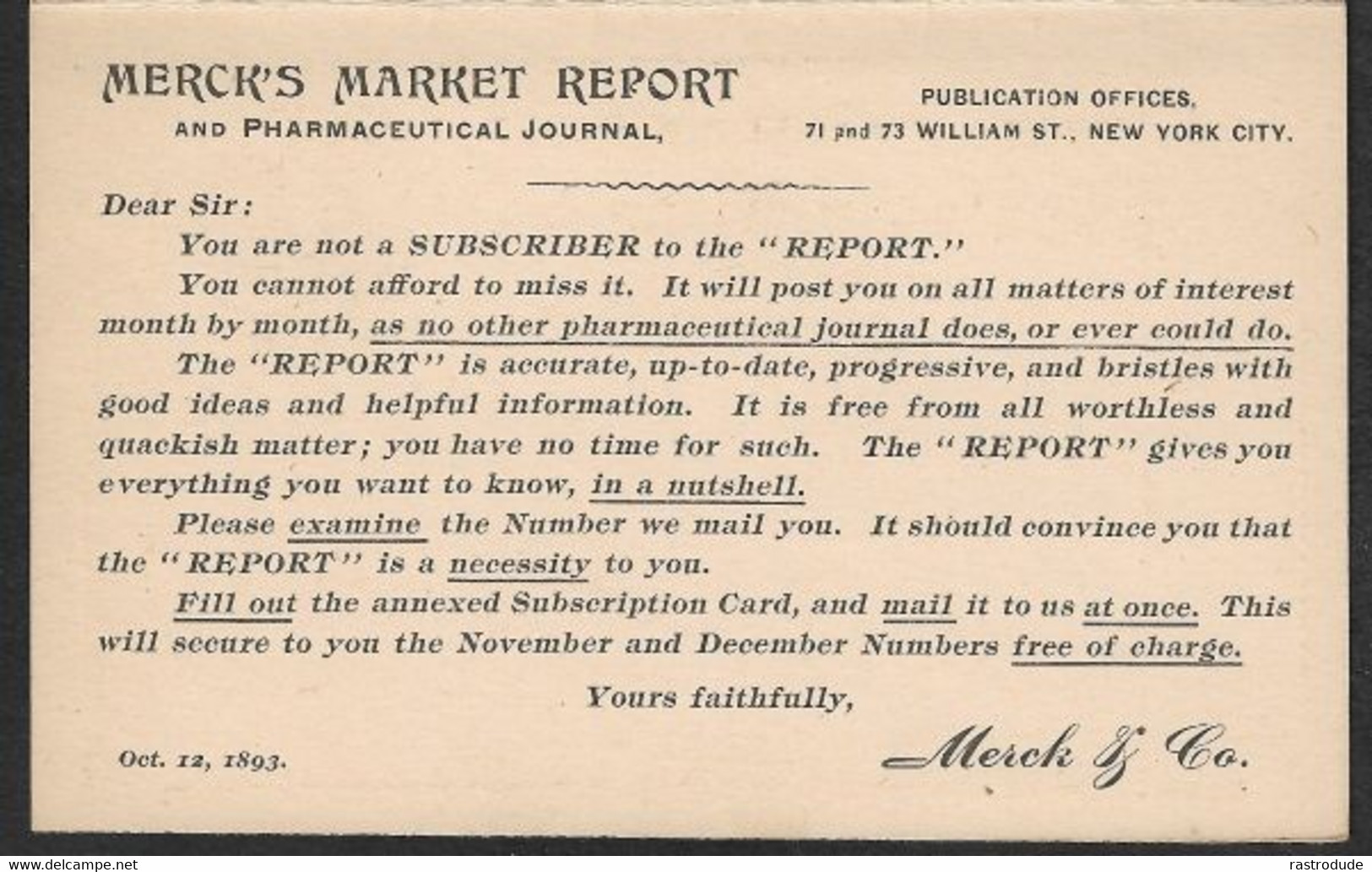 1893 - U.S - 1c Printed To Order PSC + REPLY CARD - MERCK S PHARMACEUTICAL - STAMP DEALER ZUM UNCLE SAM - ...-1900