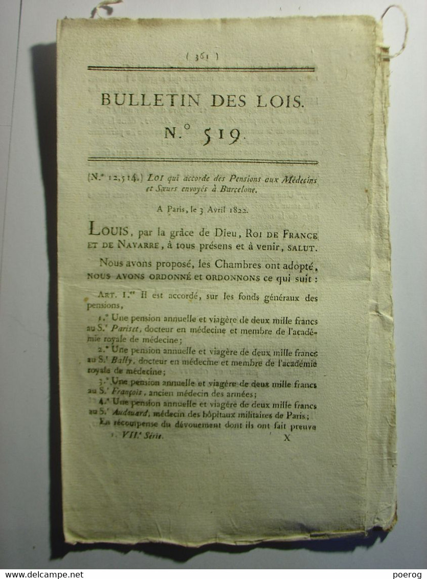 BULLETIN DES LOIS De 1822 - PENSIONS AUX MEDECINS ET SOEURS ENVOYES A BARCELONE - Wetten & Decreten