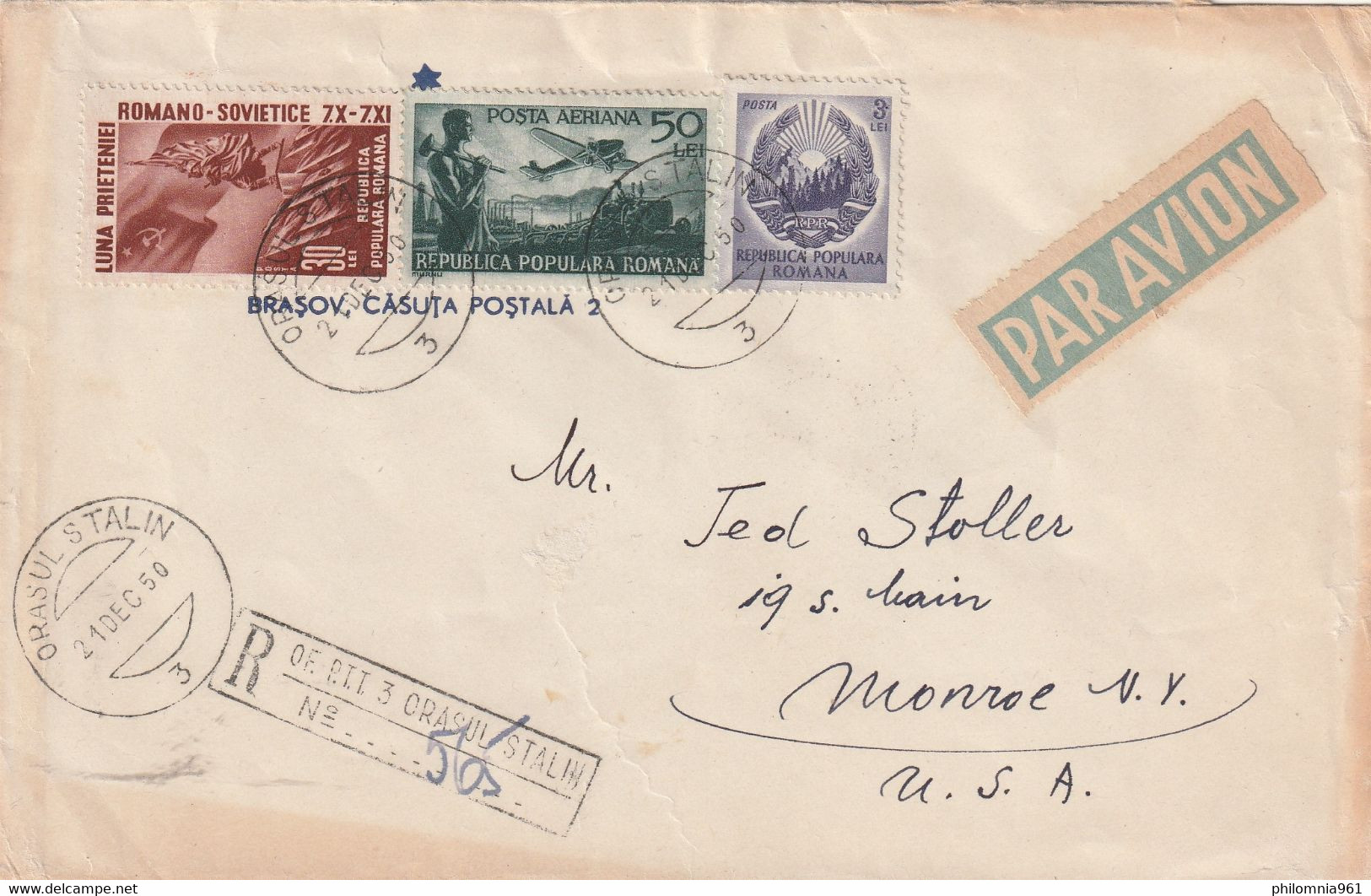 Romania ORASUL STALIN REGISTERED AIRMAIL COVER TO Monroe NY USA 1950 - Lettres & Documents