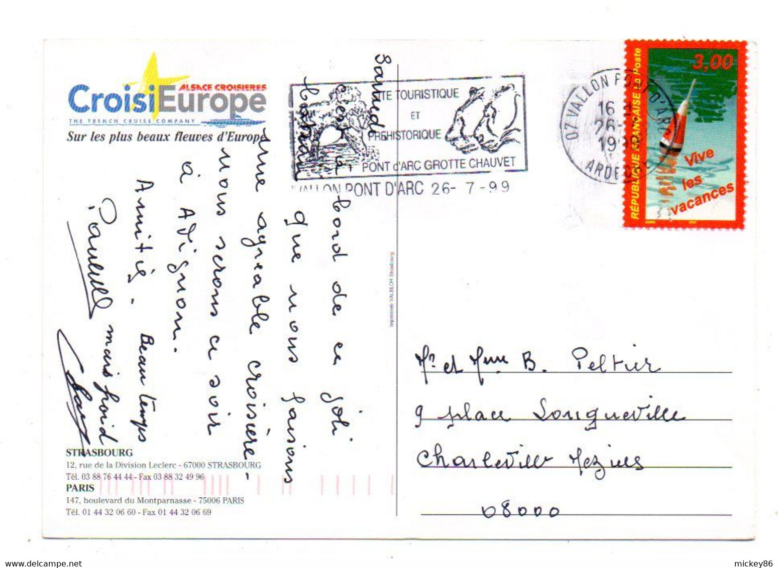 Bateau--1999--Paquebot Fluvial  "CAMARGUE"  --pub Croisi Europe...cachet  Grotte Chauvet--timbre - Piroscafi