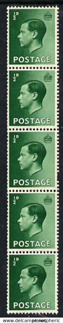 Great Britain 1936 KE8 1/2d Green Vertical Coil Strip Of 5 U/M - Nuovi