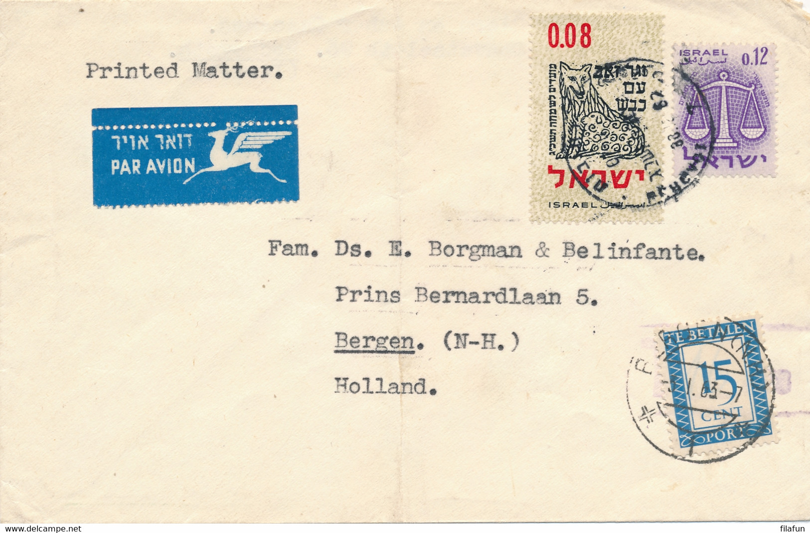 Nederland - 1963 - 15 Cent Portzegel - Enkelfrankering Op Incoming Letter From Israel - Portomarken