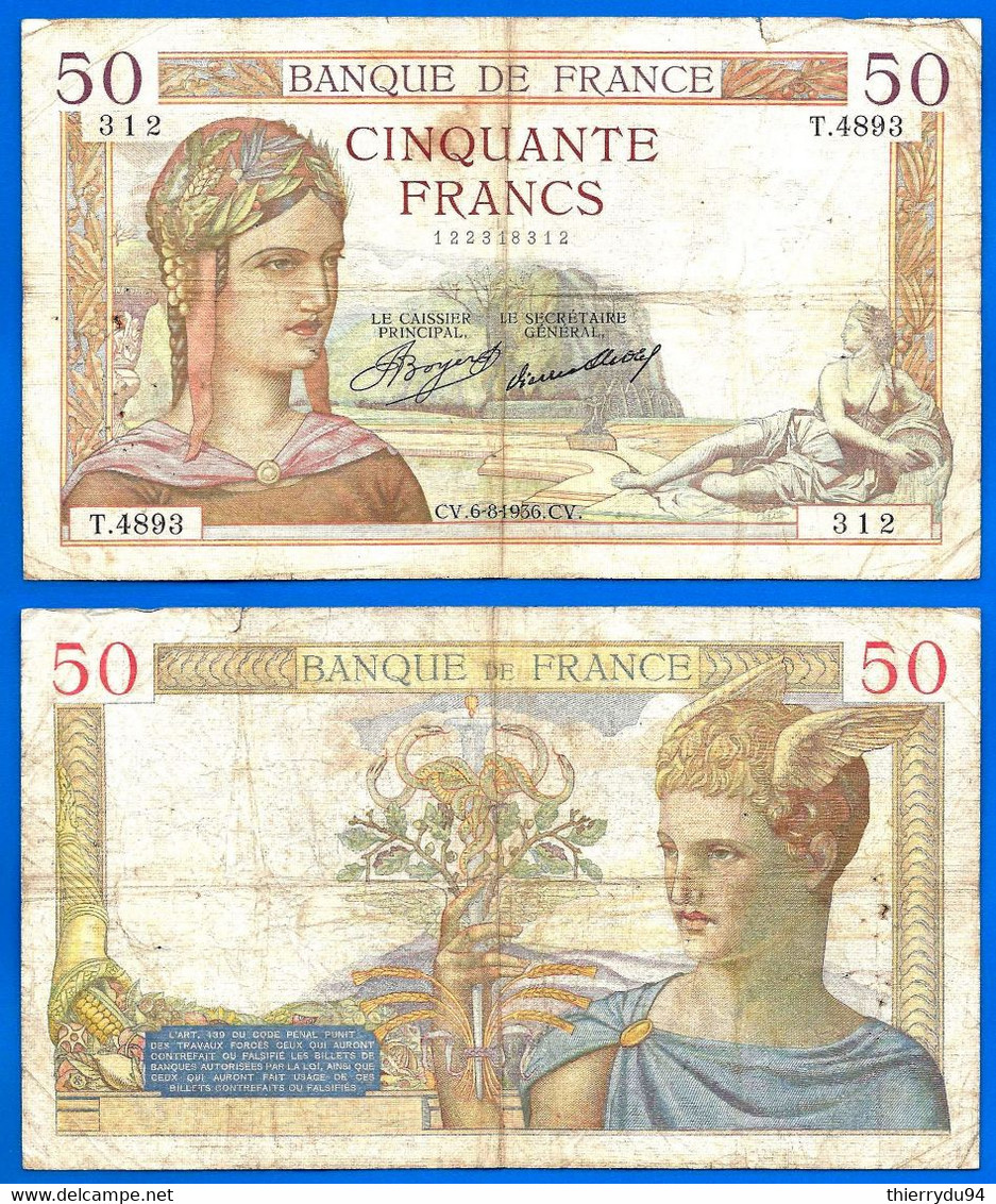 France 50 Francs 1936 6 August Ceres Serie T Frs Frcs Frc Europe Paypal Bitcoin OK - 50 F 1934-1940 ''Cérès''