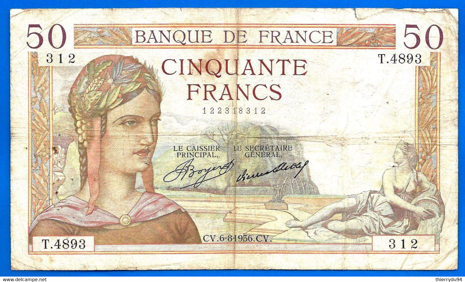 France 50 Francs 1936 6 August Ceres Serie T Frs Frcs Frc Europe Paypal Bitcoin OK - 50 F 1934-1940 ''Cérès''