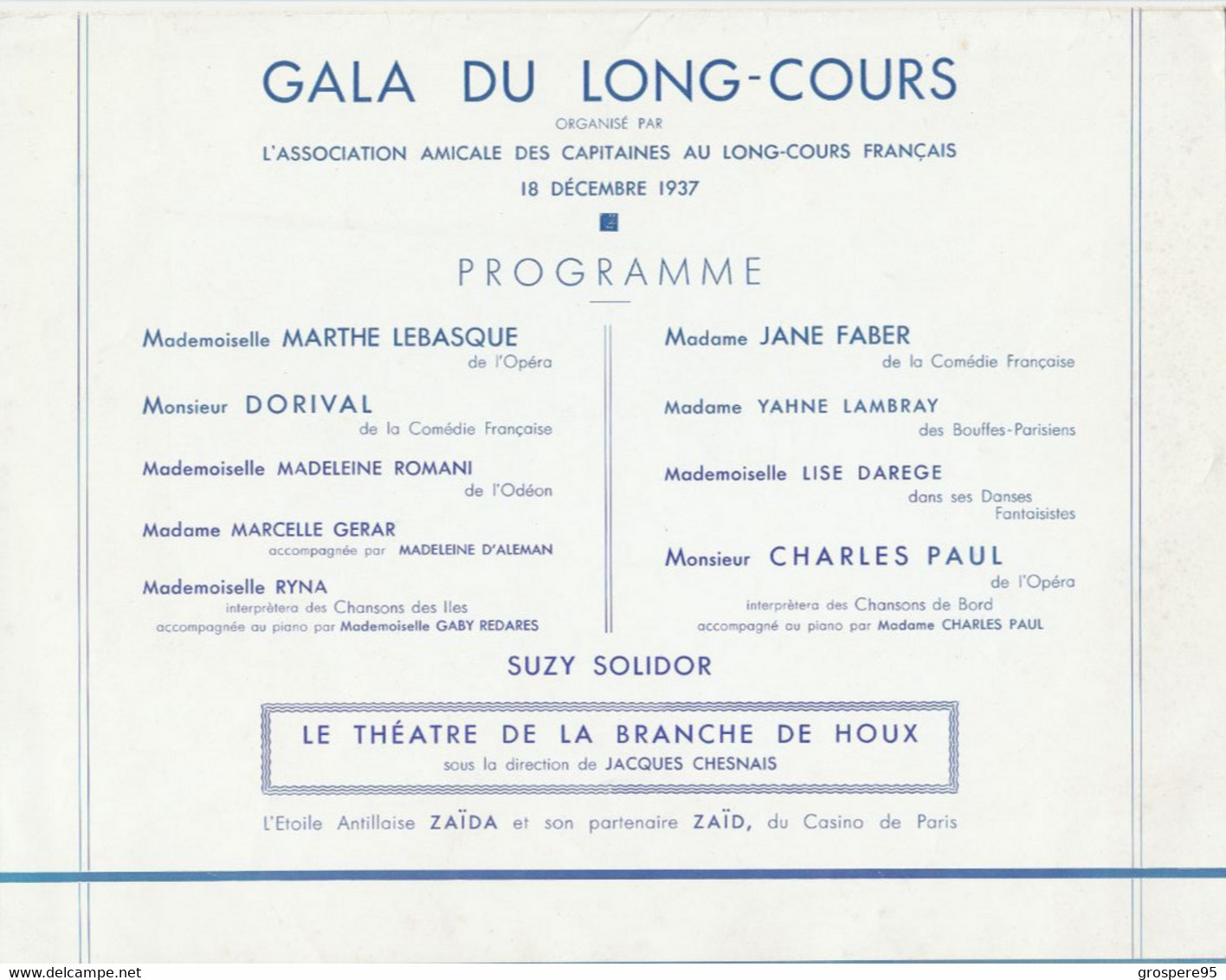 PROGRAMME GALA DU LONG COURS Association Amicale Des Capitaines Au Long Cours Français 18/12/1937 - Programmes