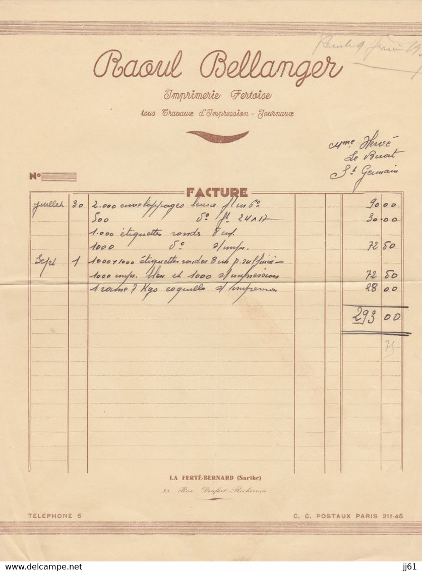 LA FERTE BERNARD BELLANGER IMPRIMERIE FERTOISE ANNEE 1939 - Otros & Sin Clasificación