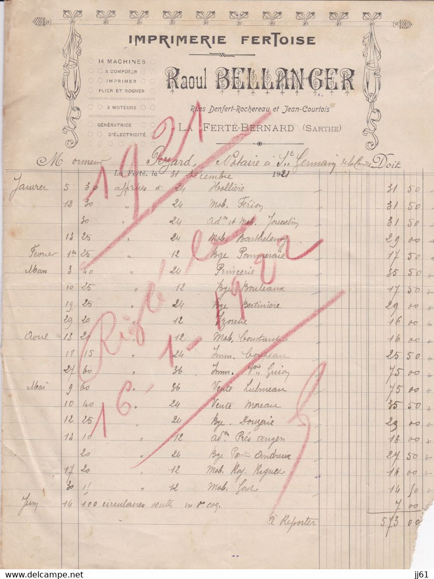 LA FERTE BERNARD BELLANGER IMPRIMERIE FERTOISE 14 MACHINES ANNEE 1921 FACTURE DOUBLE - Otros & Sin Clasificación