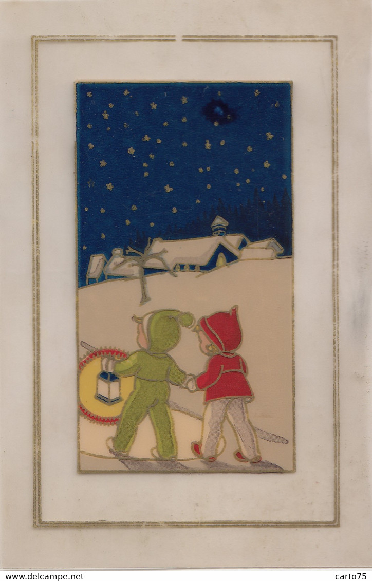 Cartes Procelaine - Carte Celluloïd - Noël - Enfants Neige - Cartoline Porcellana