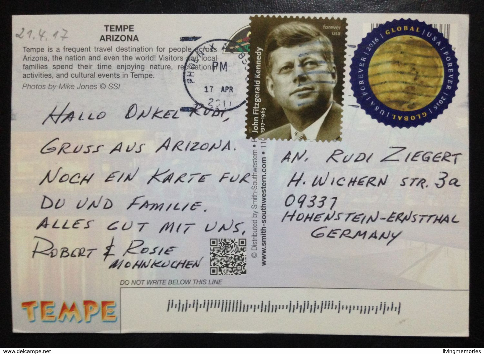 US82 United States, Circulated Postcard To Germany, « TEMPE », « JOHN F. KENNEDY », 2017 - Tempe