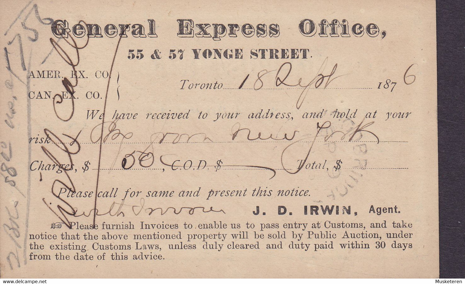 Canada Postal Stationery Ganzsache Victoria PRIVATE Print GENERAL EXPRESS OFFICE, TORONTO 1876 WOODBRIDGE Ont. (2 Scans) - 1860-1899 Règne De Victoria