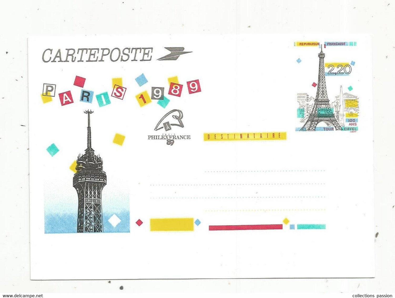 Entier Postal, Neuf , CARTEPOSTE ,Paris , 1989 , Tour Eiffel ,100 Ans ,PHILEXFRANCE 89 - Postales  Transplantadas (antes 1995)