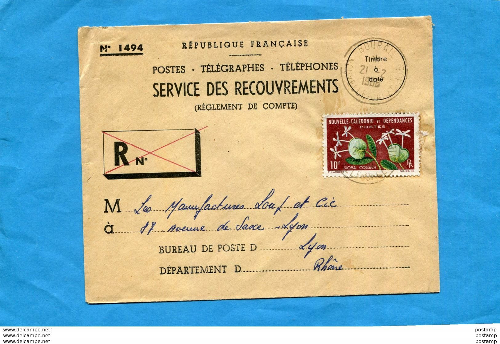 Marcophilie-lettre-Nlle Calédonie Pour Françe"service Recouvrements N°1494-"cad Bourail 1966-stampN°320 Flower Ixora - Briefe U. Dokumente