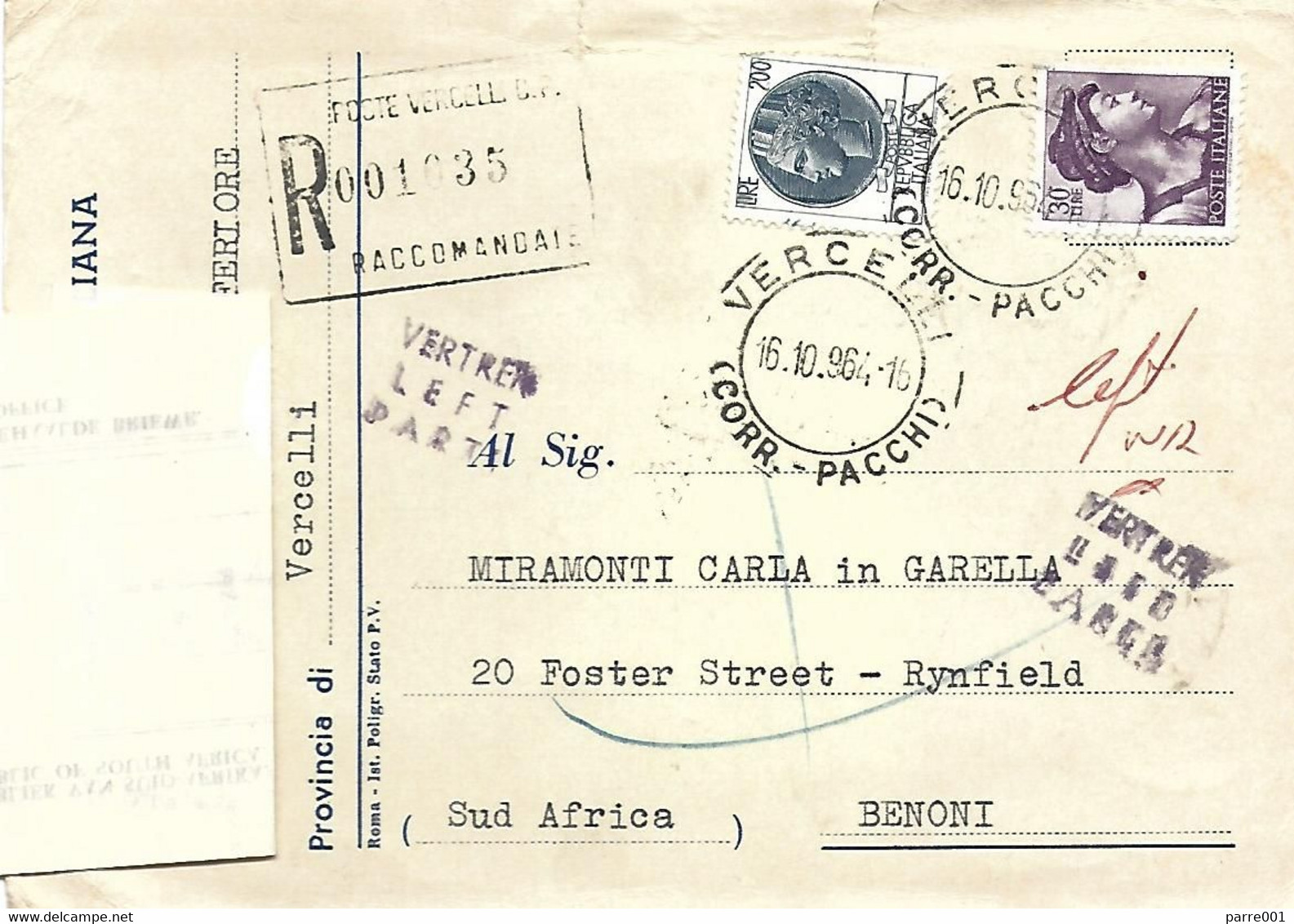 RSA South Africa 1964 Benoni RLO Cape Town Vertrek Left Handstamp Label RLO 12 Returned Registered Election Card - Lettres & Documents