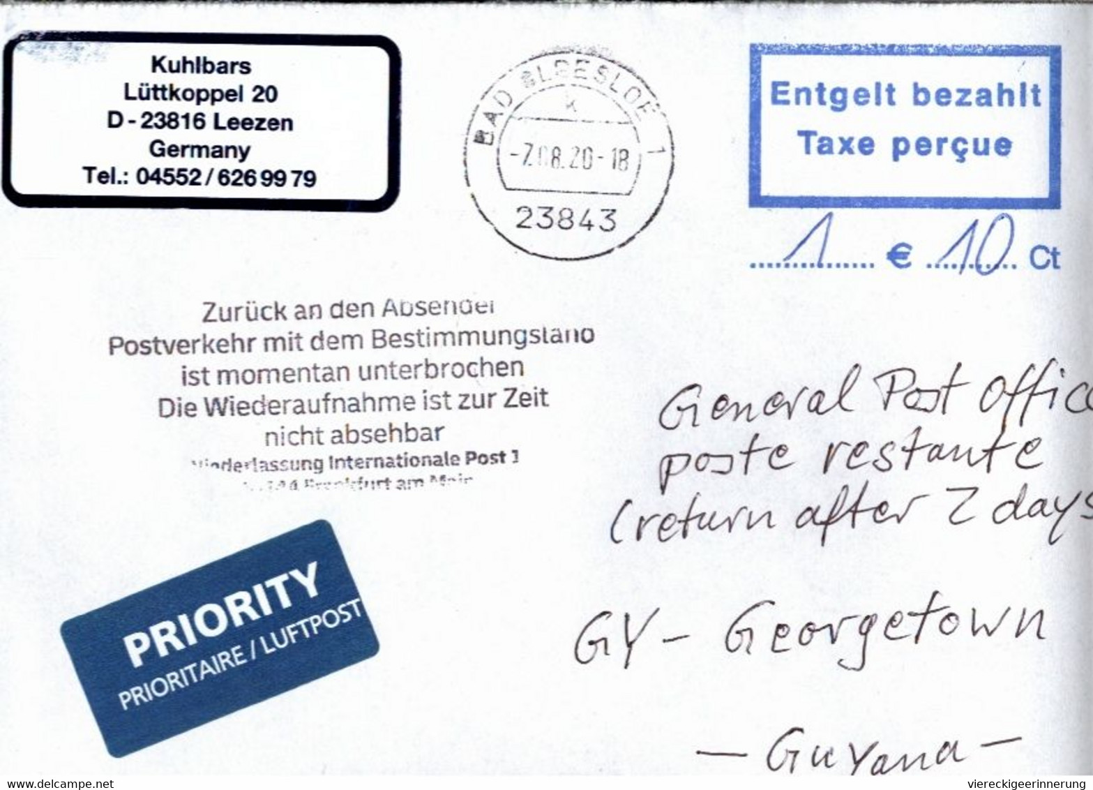 ! 2020 Germany Cover (7.8.) To Guyana, Airmail , Interruption Postal Service COVID-19, Antwortschein, Reply Coupon - Guyane (1966-...)