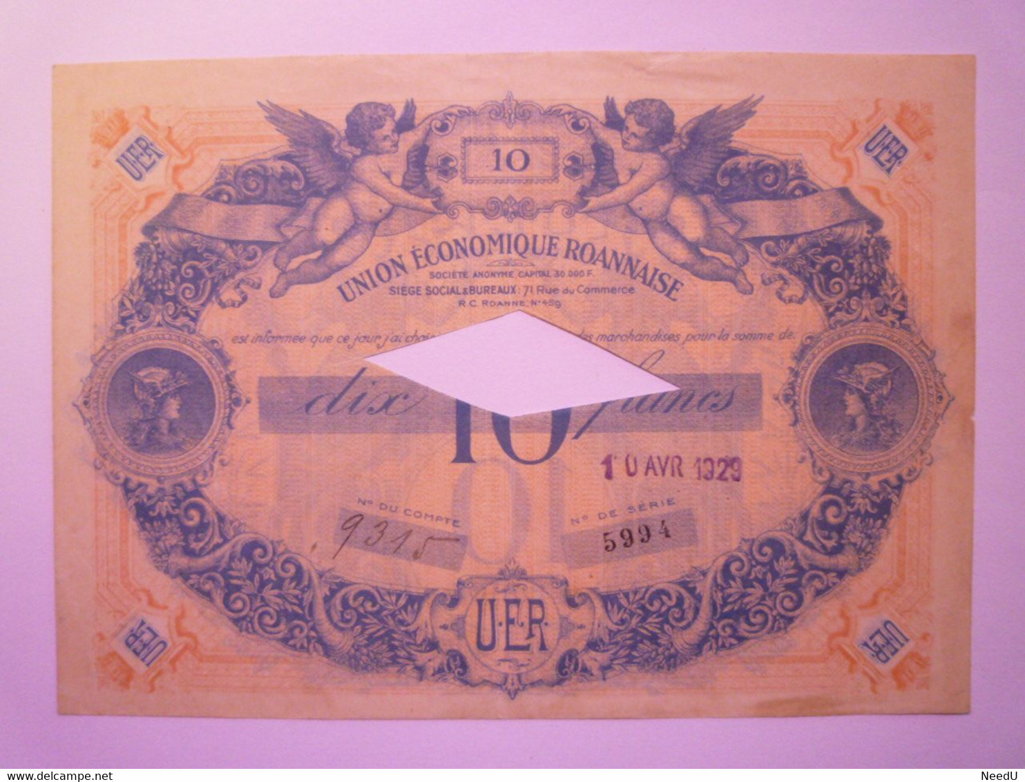 GP 2020 - 2603  UNION ECONOMIQUE ROANNAISE  :  BILLET De 10F   1929    XXX - Other & Unclassified