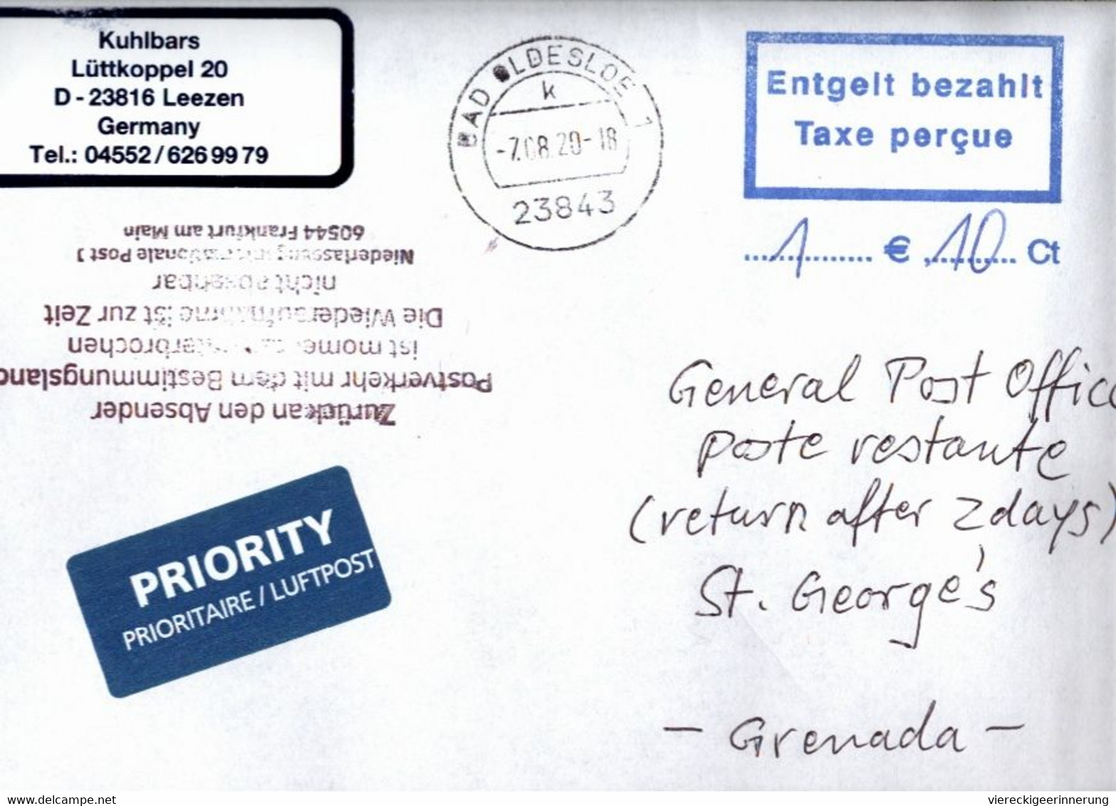 ! 2020 Germany Cover (7.8.) To Grenada, Airmail , Interruption Postal Service COVID-19, Antwortschein, Reply Coupon - Grenada (1974-...)