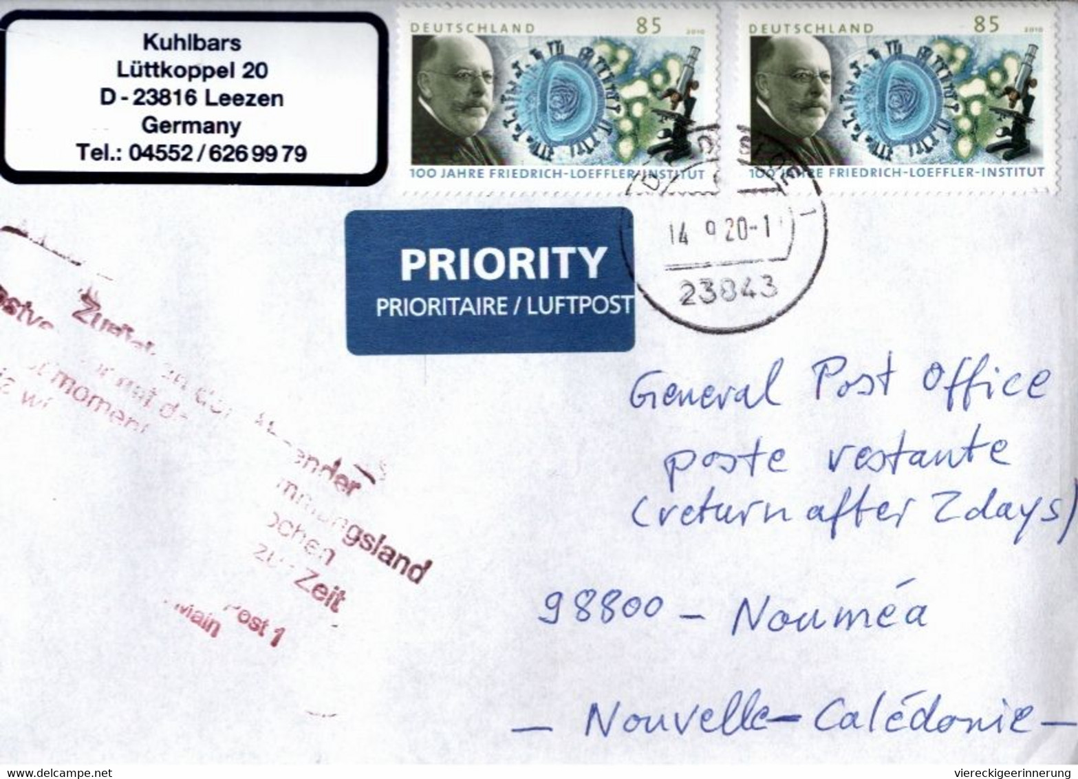 ! 2020 Germany Cover To Noumea, Nouvelle Caledonie, Neukaledonien, Airmail , Interruption Postal Service COVID-19 - Lettres & Documents