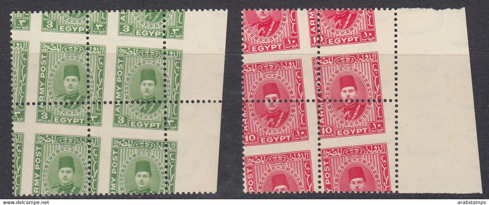 1939 Egypt Farouk ARMY POST Royal Perforation  Set 2 Values Block Of 6 With Side  Sheet  Watermark S.G.A14-A15 MNH - Unused Stamps