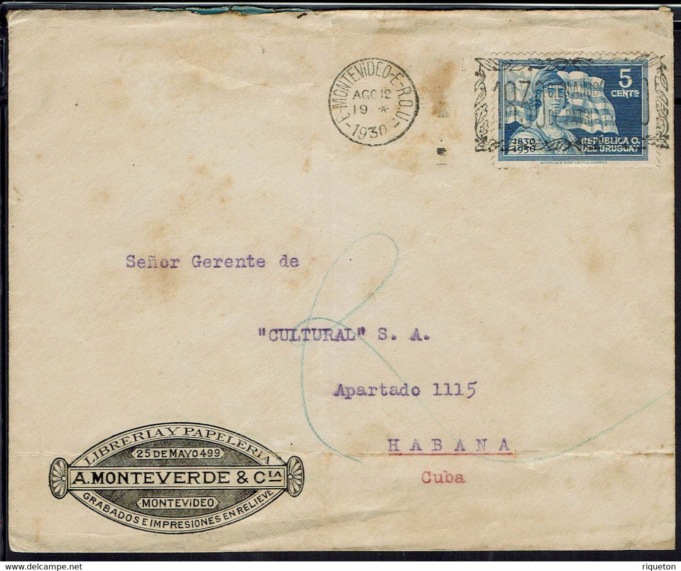 Uruguay - Affr. 5 Cents Seul Sur Enveloppe De Montevideo Pour Habana (Cuba) Flamme "1830 Cienamos De Patria" 12 Ago 1930 - Uruguay