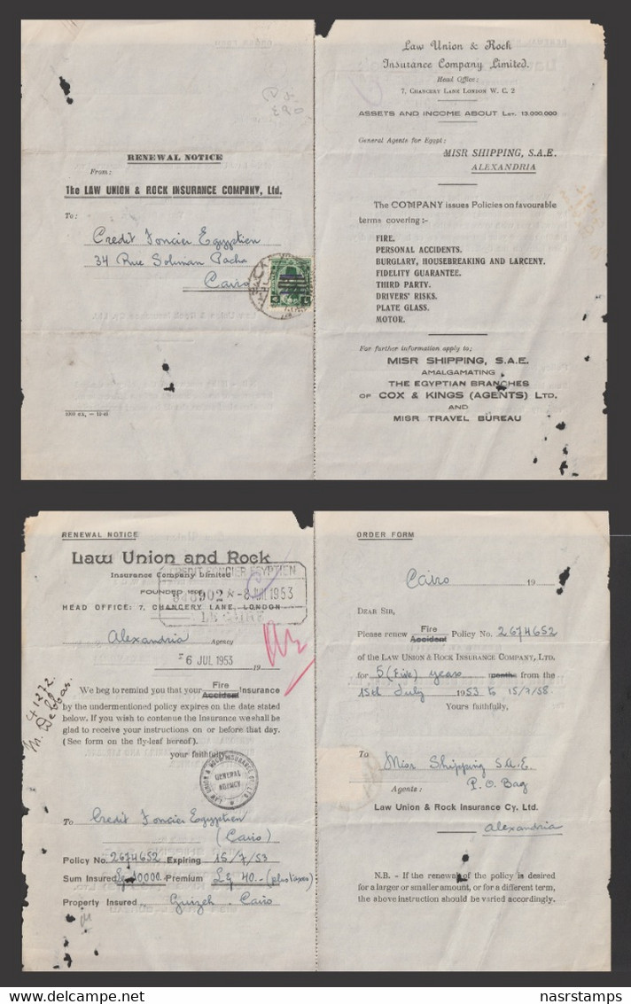 Egypt - 1953 - Renewal Notice - The Law Union & Rock Insurance Co. Ltd. - Covers & Documents