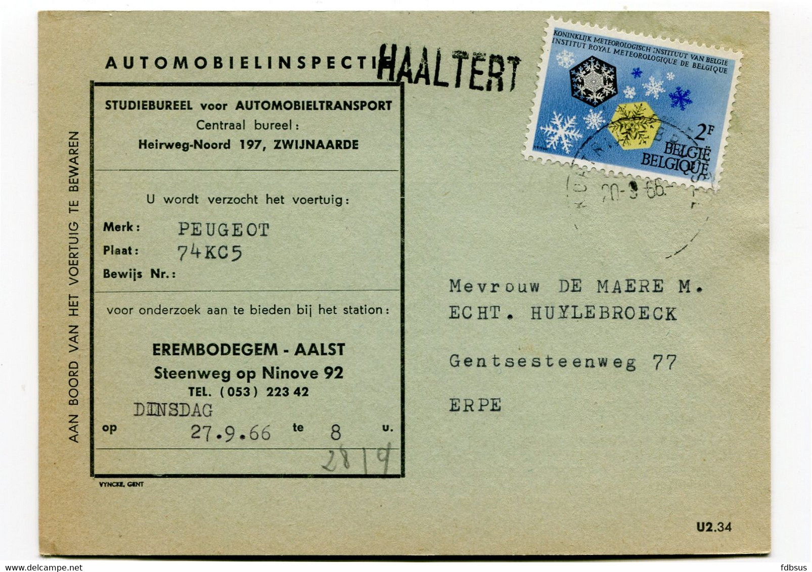 1966 Kaart Van HAALTERT Automobielinspectie Naar Erpe - Covers & Documents