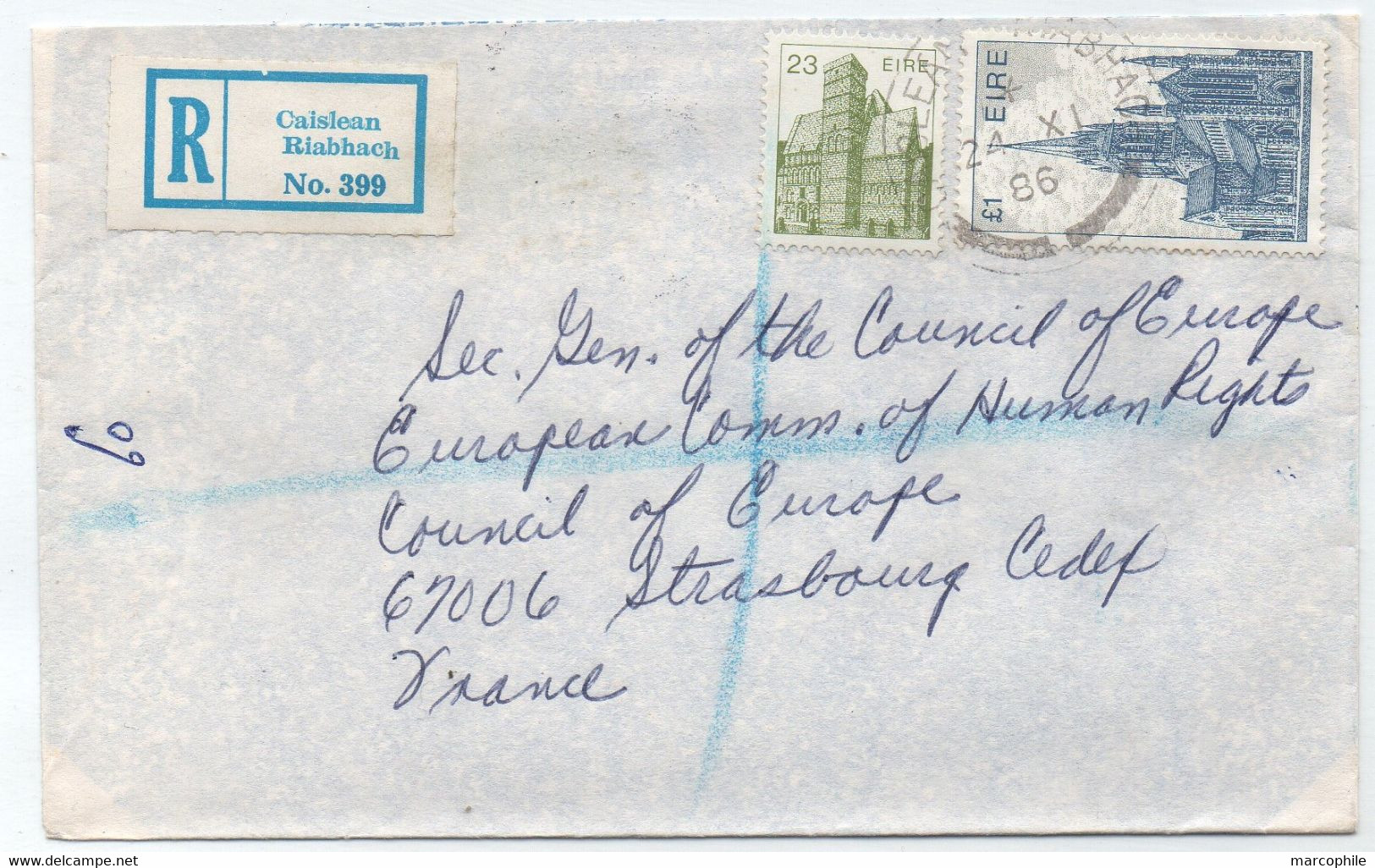 IRLANDE - EIRE - CAISLEAN RIABHACH - CASTLEREA /1986 LETTRE RECOMMANDEE => CONSEIL DE L'EUROPE STRASBOURG(ref 7900a) - Lettres & Documents