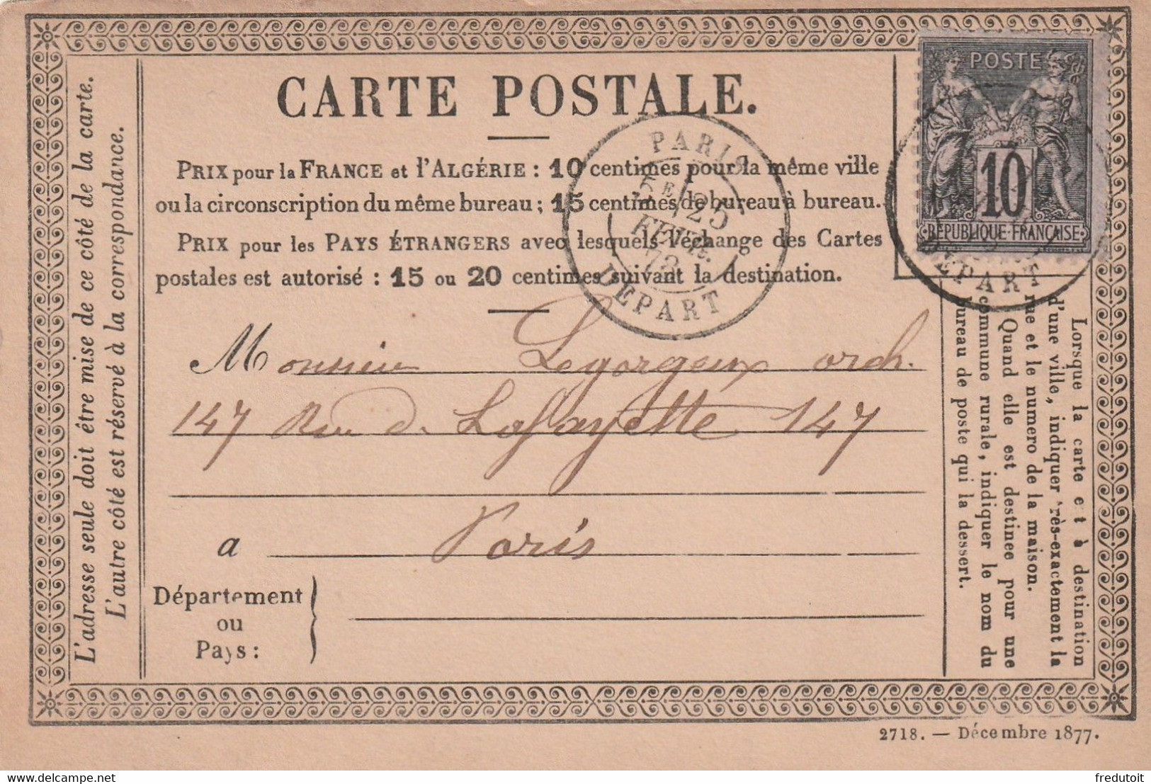 TYPE SAGE Sur CARTE POSTALE - Oblitération Paris Départ Le 25/02/1878 Pour Paris - 1877-1920: Semi-moderne Periode