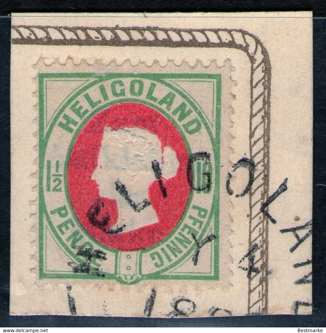 Heligoland Y 4 188- Auf 1 1/2 Pence Hellgrün/mittelrot - Helgoland Nr. 14 D - Briefstück - Pracht - Héligoland
