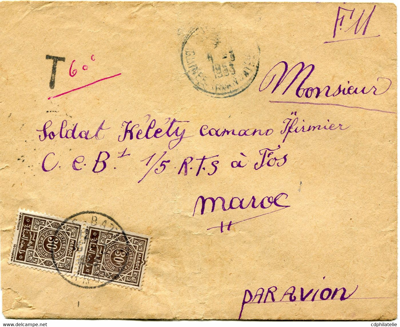 GUINEE FRANCAISE LETTRE FM DEPART KANKAN 9-3-1953 GUINEE FRANCAISE TAXEE A L'ARRIVEE AU MAROC A FES LE 13-3-1953 - Covers & Documents