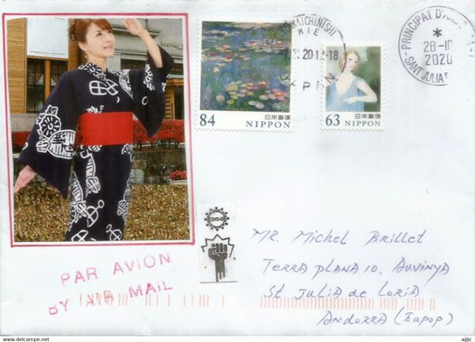 Modernité De La Femme Japonaise,lettre Avec Nouveau Sticker COVID19 JAPAN,envoyée Andorra,avec Timbre à Date Arrivée - Briefe U. Dokumente