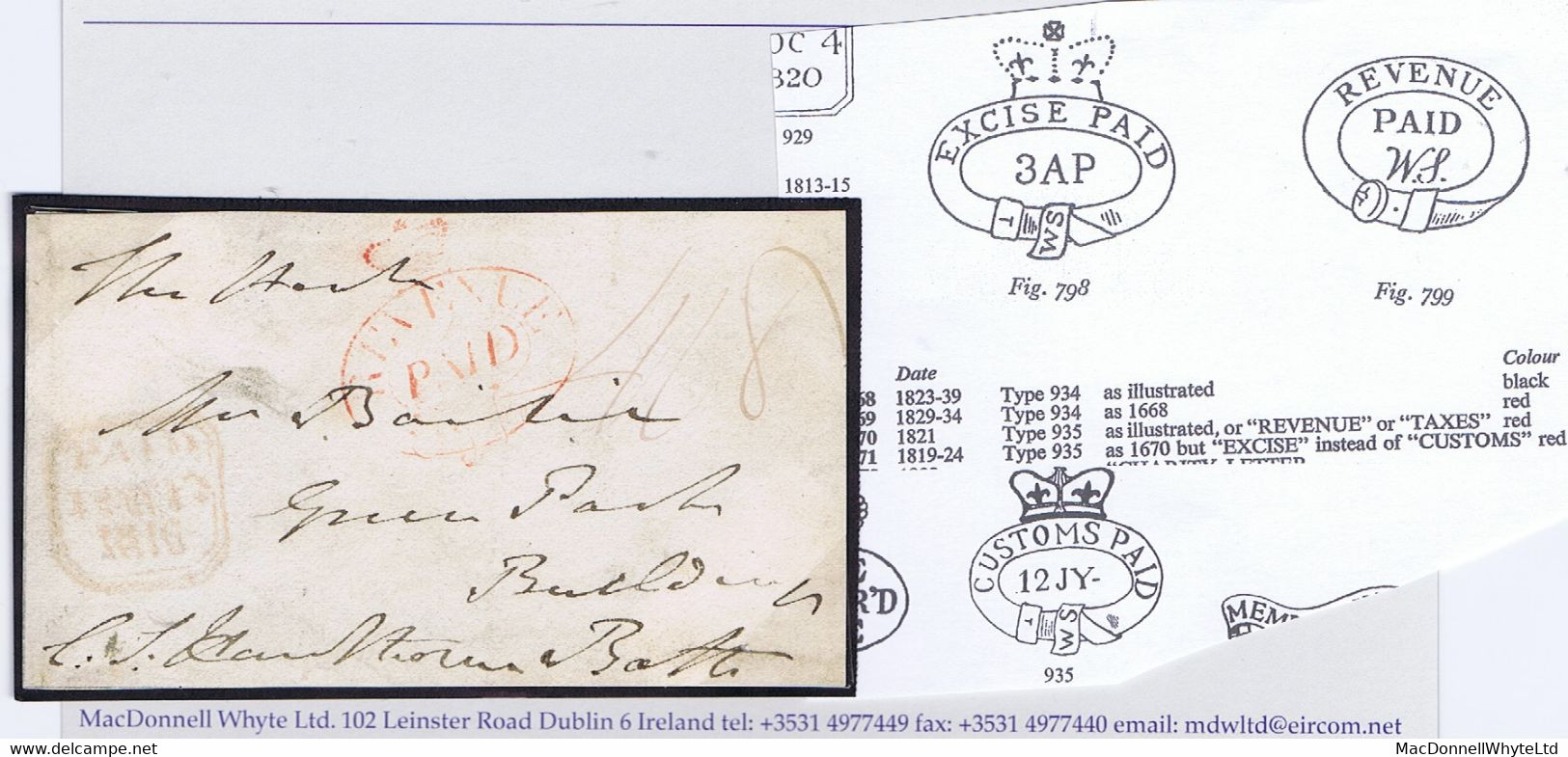 Ireland Dublin Official Paid 1816 Crowned Oval REVENUE PAID In Red On Front Only (no Back, Not A Cover) To Bath - Prephilately