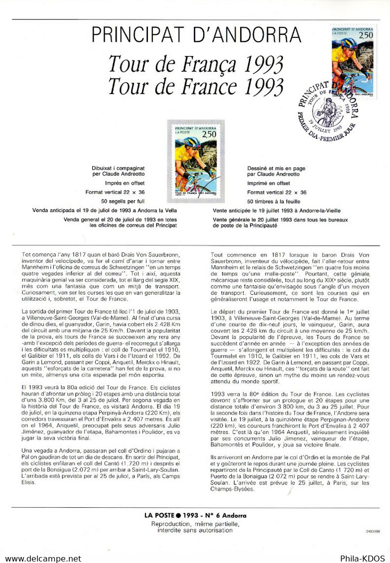 " 80ème TOUR DE FRANCE " Sur Document A4 1er Jour D'Andorre De 1993. N° YT 434. Parfait état. FDC - Radsport