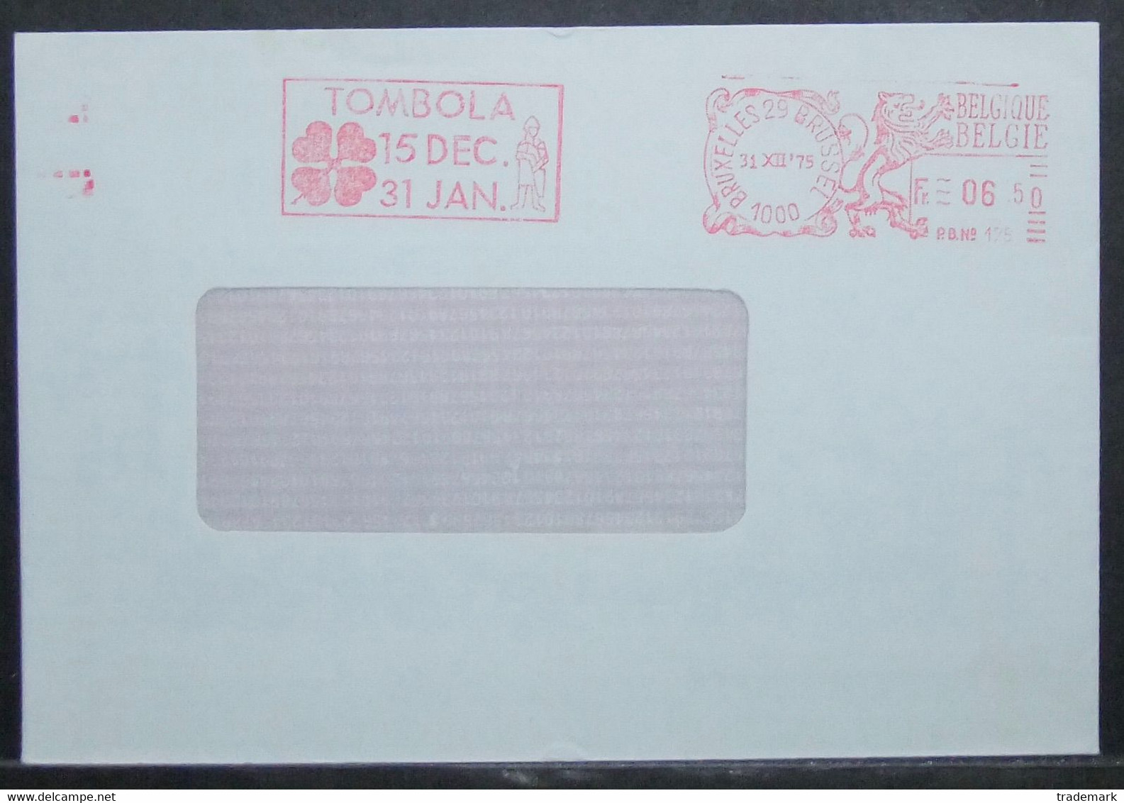 Belgium - Advertising Meter Franking Cover 1975 Bruxelles Tombola Four Leaf Clover Logo Lottery PBN175 - 1960-79