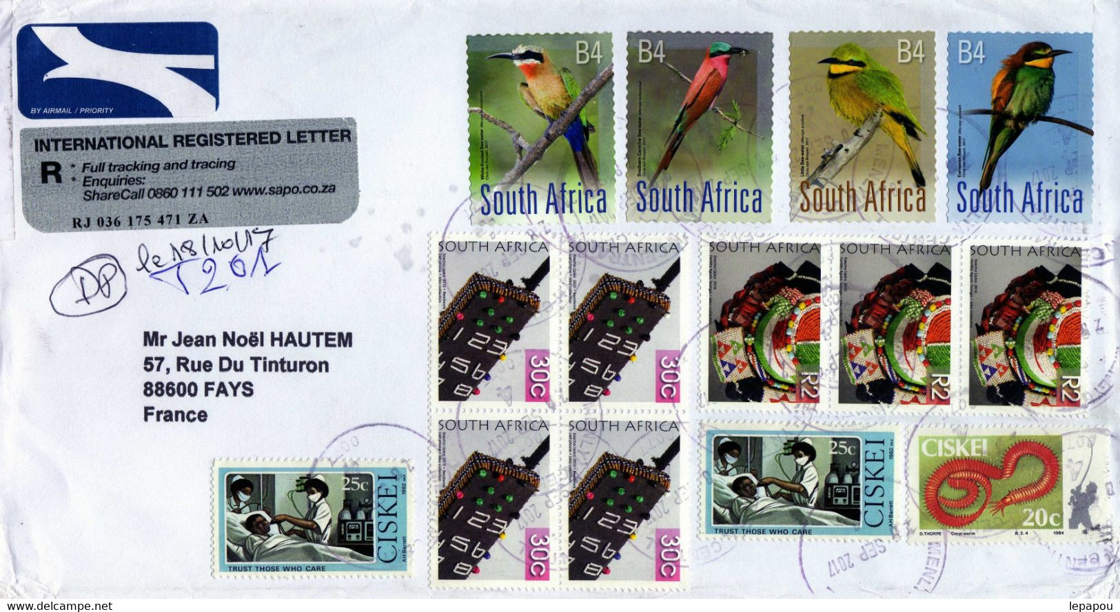 Afrique Du Sud 2017 - Pli Ayant Voyagé Avec Timbres "Oiseaux" -Oblitéré - Mechanical Postmarks (Advertisement)