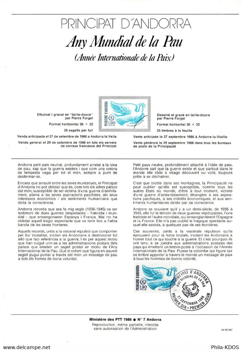 " COLOMBE / ANNEE INTERNATIONALE  DE LA PAIX " Sur Document A4 1er Jour D'Andorre De 1986 N° YT 353 Parfait état FDC - Pigeons & Columbiformes