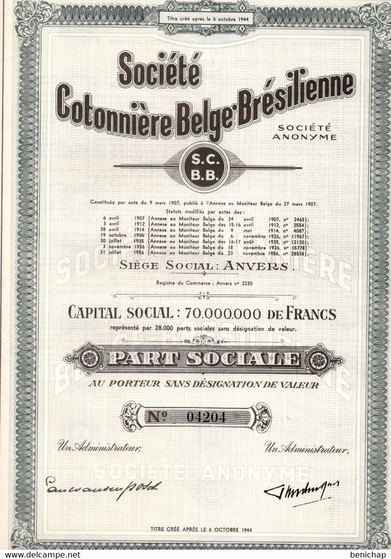 Société Cotonnière Belge-Brésilienne - Part Sociale Au Porteur - Anvers 1956. - Agricoltura