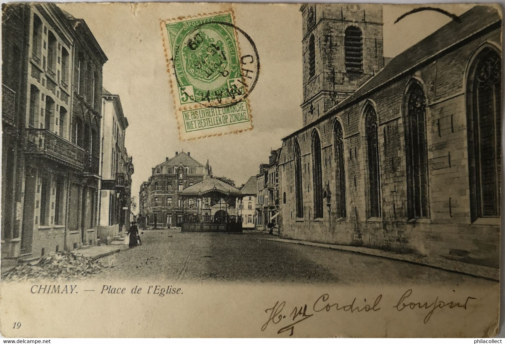 Chimay // Place De L' Eglise (Vue Diff.) 1909 Sleets - Vlekkig - Chimay