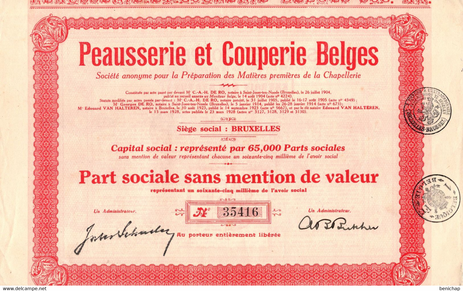 Peausserie Et Couperie Belges - Part Sociale Sans Mention De Valeur - Bruxelles 1928. - Banque & Assurance