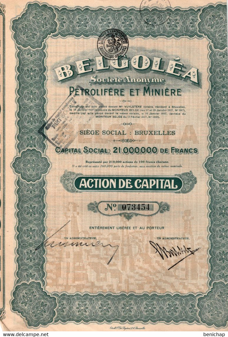 Belgoléa - S.A. Pétrolifère Et Minière - Action De Capital  - Bruxelles 1927. - Pétrole