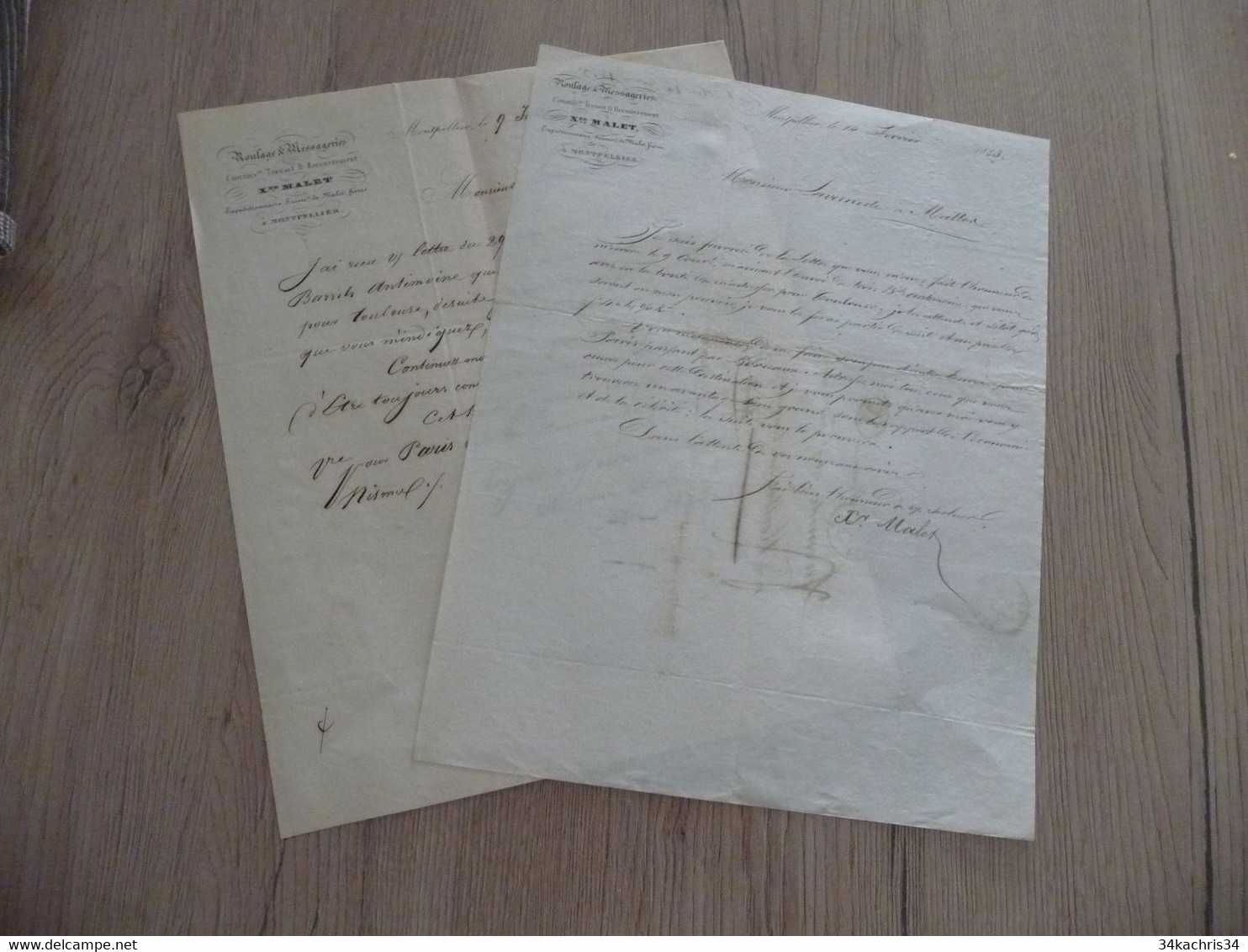 Feuille De Route Lettre De Voiture Roulage X2 Roulage Messagerie Lettres à En Tête 1843 Montpellier - Verkehr & Transport