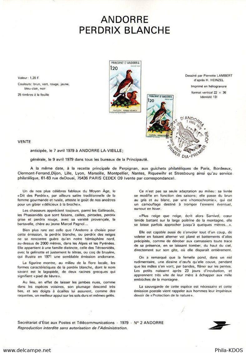 " PERDRIX BLANCHE " Sur Document A4 1er Jour D'Andorre De 1979 N° YT 275 Parfait état FDC - Rebhühner & Wachteln