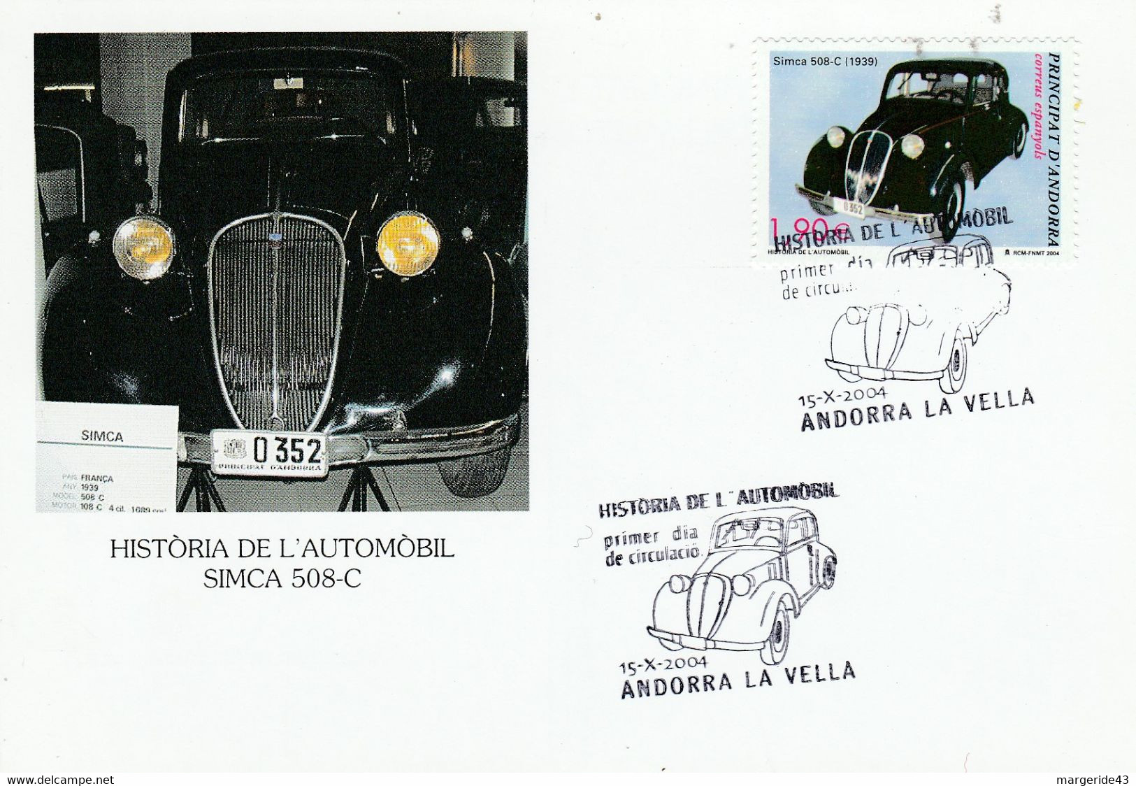 ANDORRE ESPAGNOL CARTE MAXIMUM 2004 VOITURE SIMCA 508-C - Covers & Documents