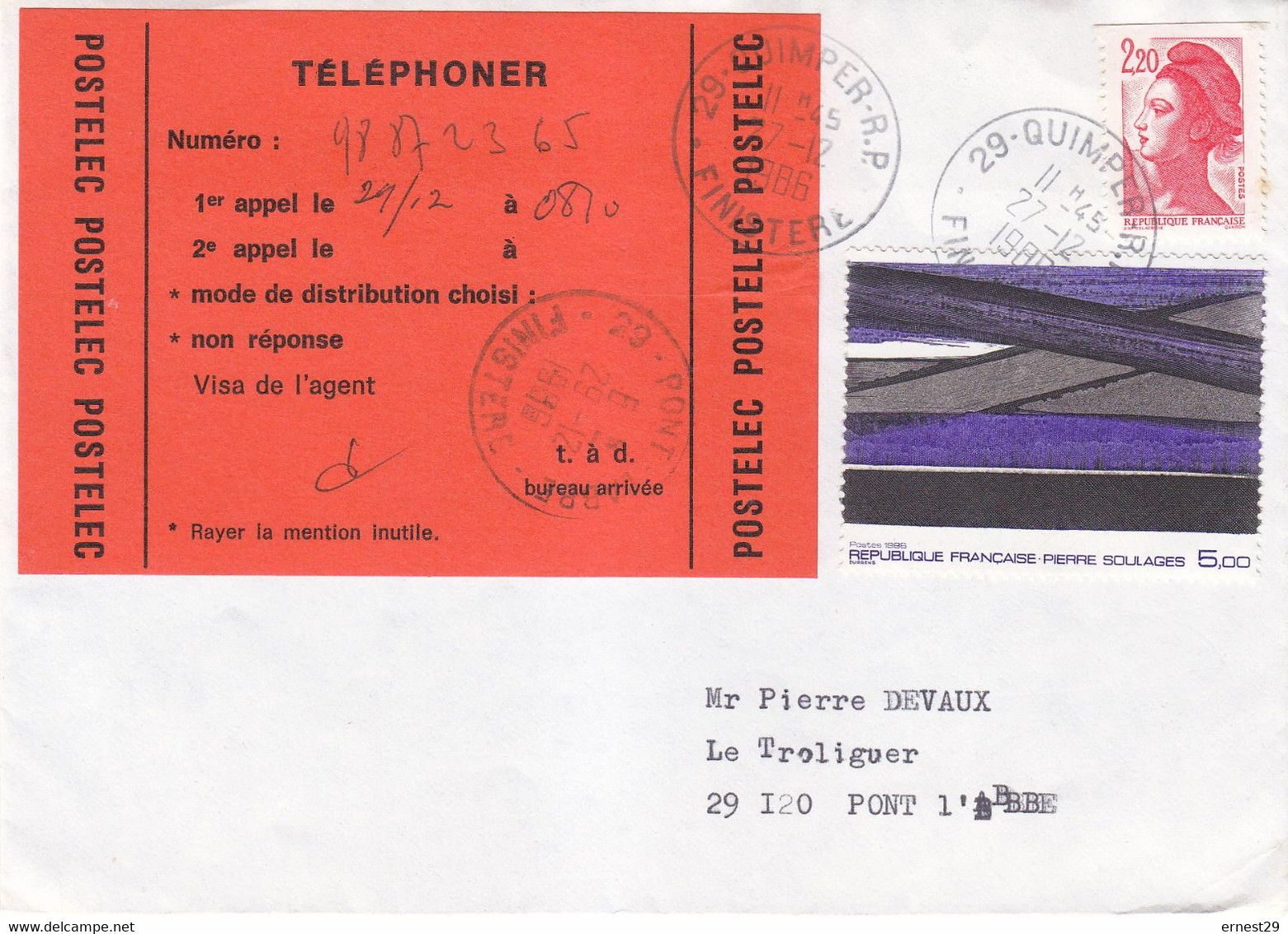 POSTELEC Quimper Mise En Service 16/12/1985 Arret En 1988 Tarif 5F + Tarif Lettre Rareté Moderne - 1961-....