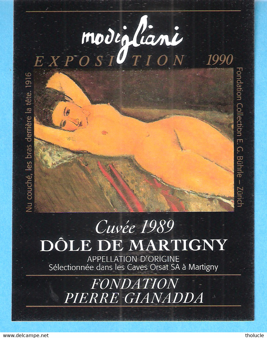 Etiquette Vin-Suisse-Dôle De Martigny-Cuvée 1989-Art-Peinture-Modigliani-Nu Couché-Bras Derrière La Tête-1916 - Art