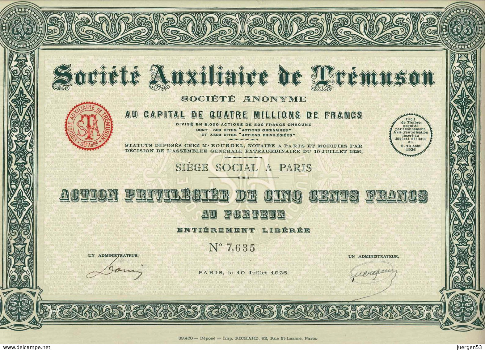 Société Auxiliaire De Trémuson - S - V