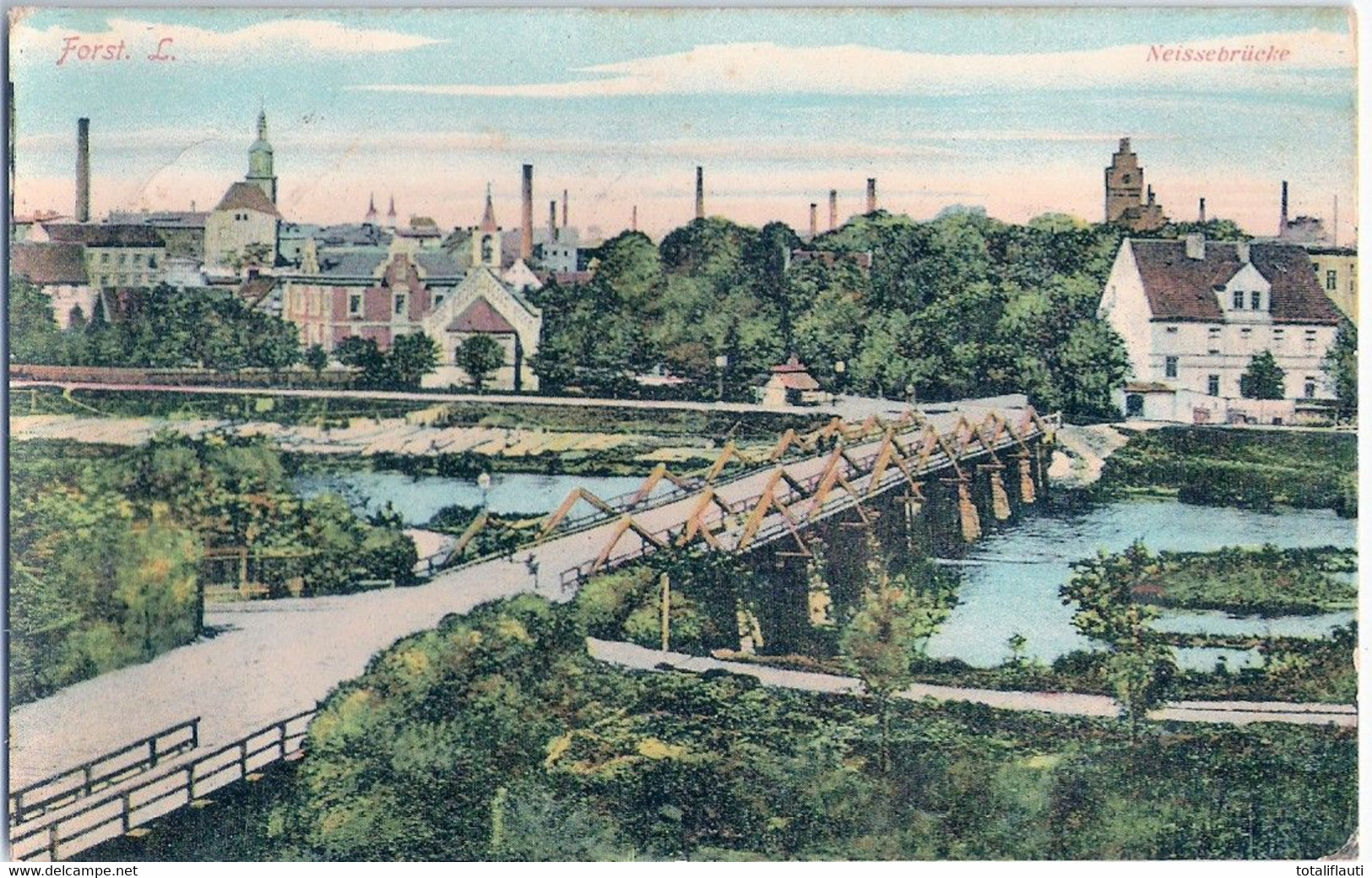 FORST Lausitz Neissebrücke Color Hartglanzkarte Vogelschau 27.9.1909 Gelaufen - Forst