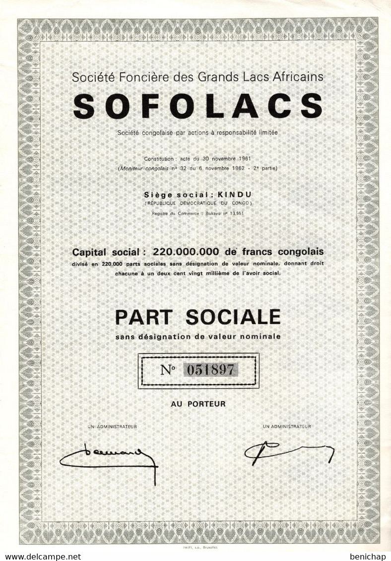 Société Foncière Des Grands Lacs Africains - Part Sociale - Kindu 1961. - Afrika