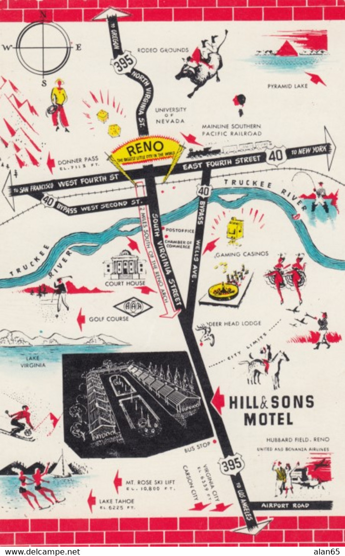 Reno Nevada, Hill & Sons Motel, Map Showing Highway 395 & 40, C1940s Vintage Postcard - Reno